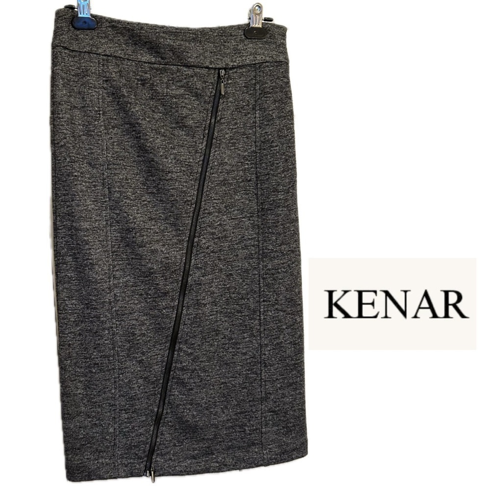 Kenar Straight Midi Knit Skirt with Asymmetrical Zip in Black/Grey Melange Size4